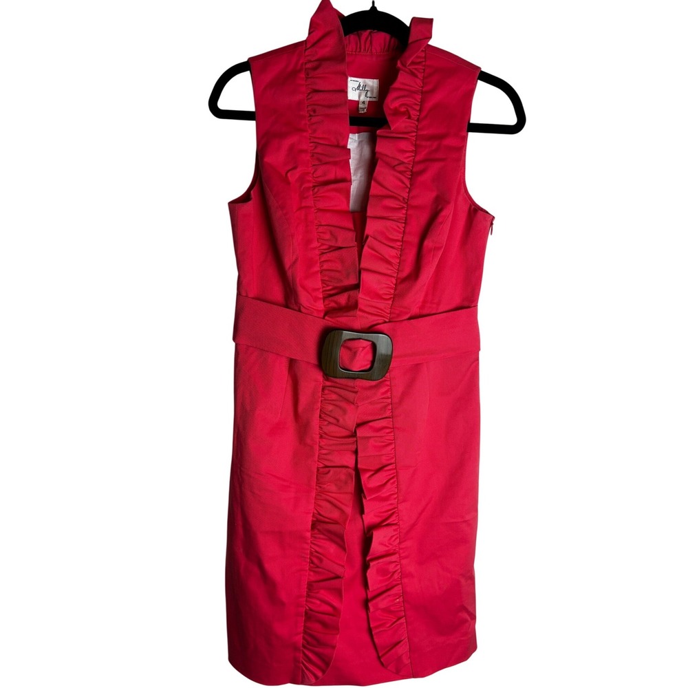Milly New York Red Ruffle Front Sleeveless Sheath Dress Belted Size 4 USA Made